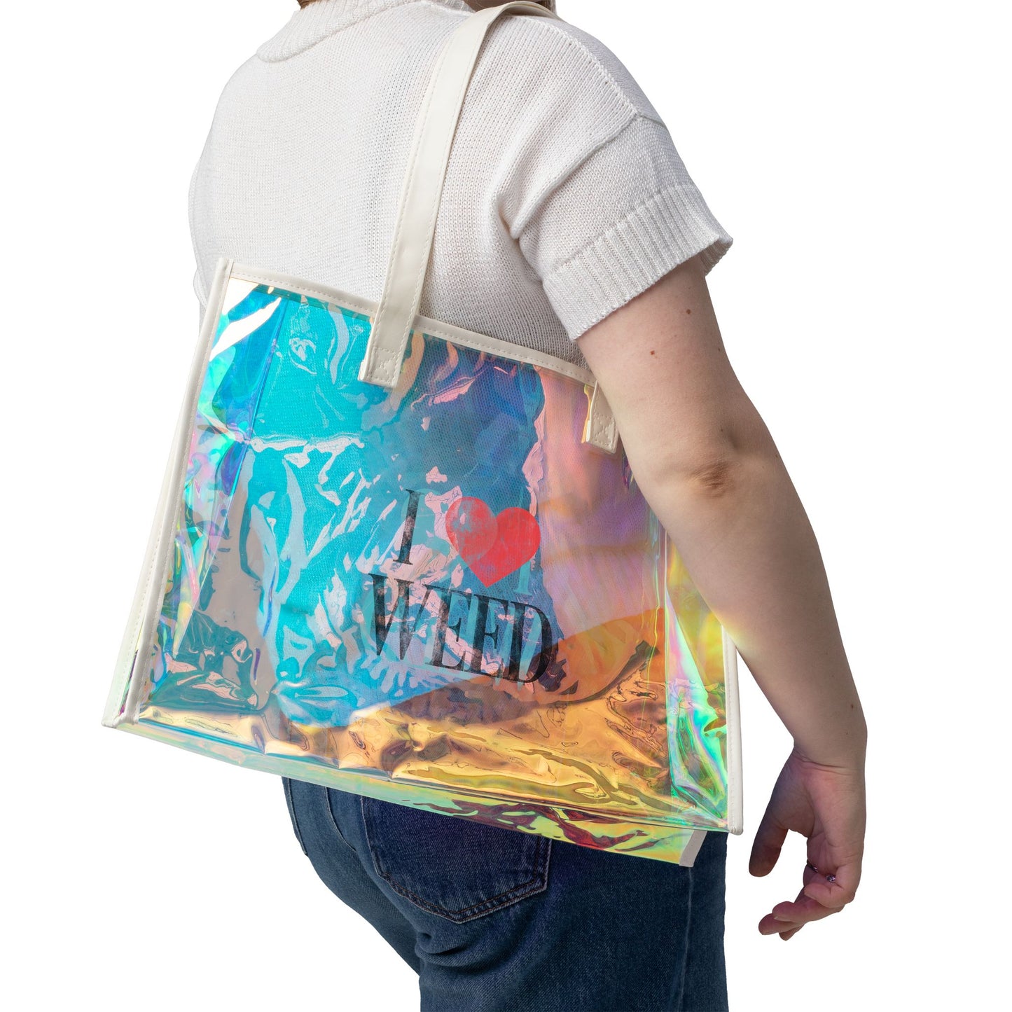 Holographic Beach Tote Bag — I ♥ WEED Clear Carryall