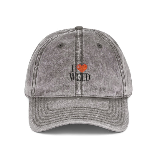 Vintage I ♥ WEED Distressed Baseball Cap — Retro Stonewashed Hat for Weed Lovers
