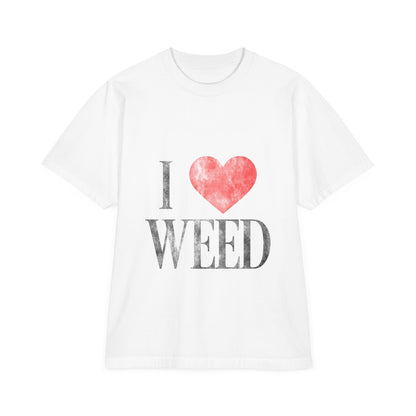 White t-shirt with 'I ❤️ Weed' text on a white background