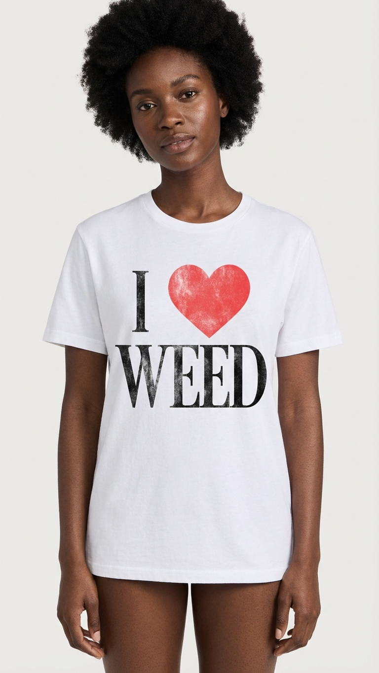 Person wearing a white t-shirt with 'I ❤️ WEED' text on a plain background